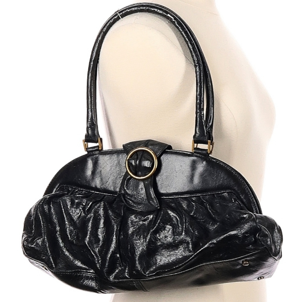 HOBO Int'l Black Leather Ruched Unique Shoulder Bag
